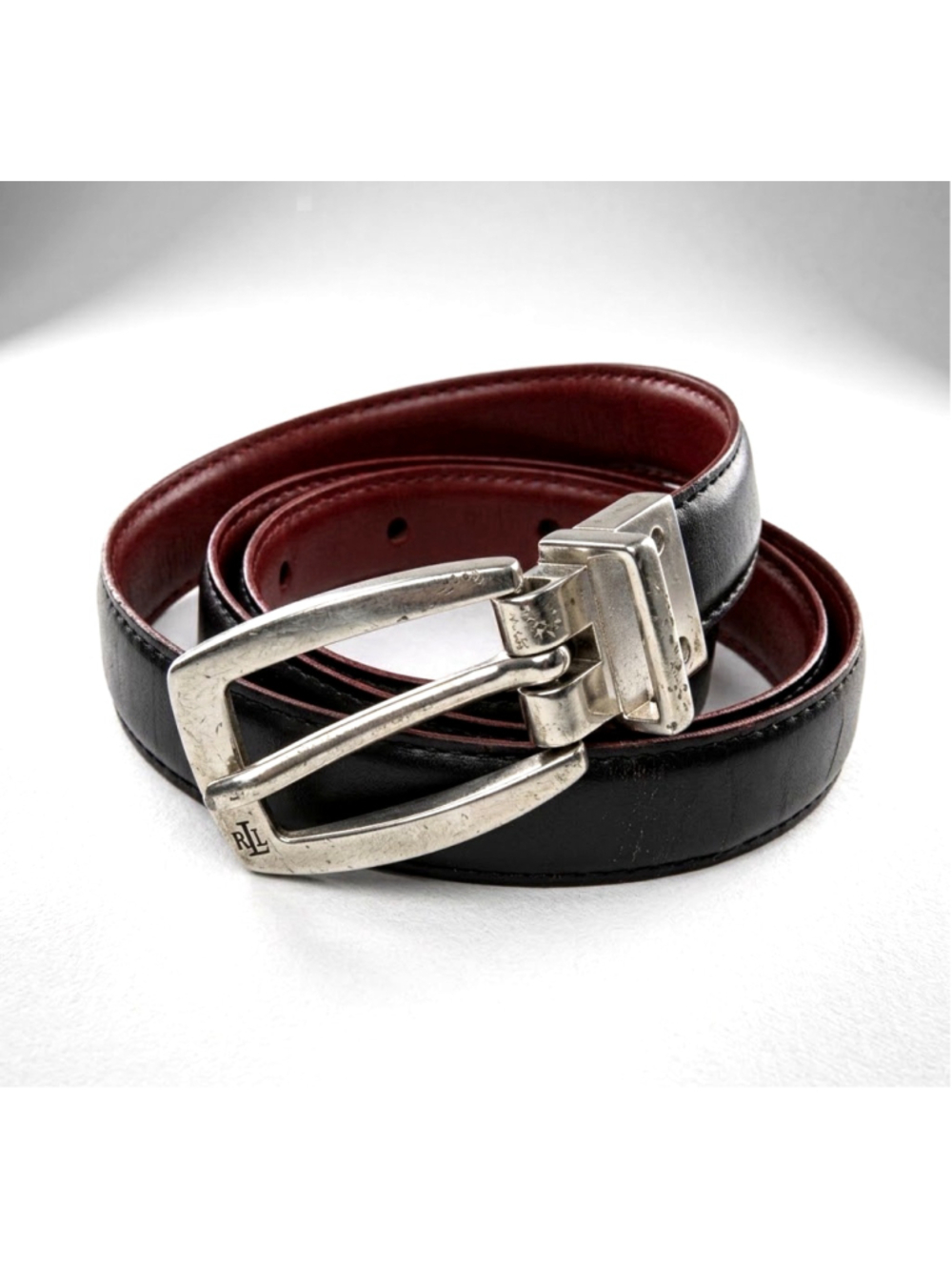 Lauren Ralph Lauren Reversible Women's Leather Belt Black Red Silver Buckle LRL